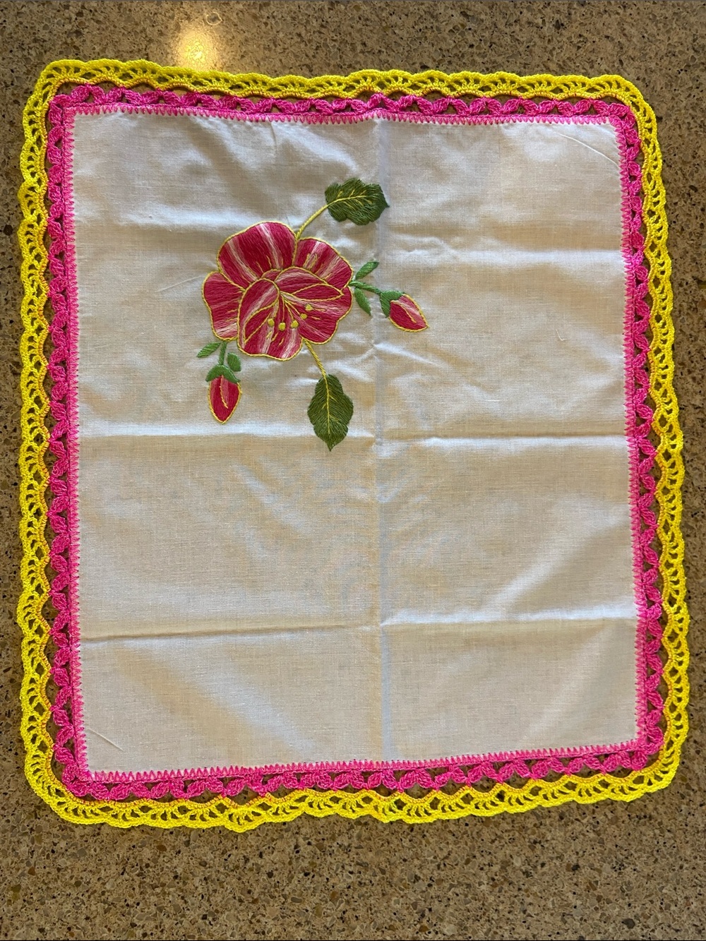 Hand-Embroidered White Linen Doily with Pink and Yellow Crochet Edge